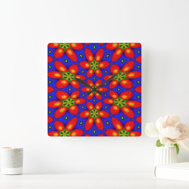 Cute Red Floral Pattern Square Wall Clock (Home)