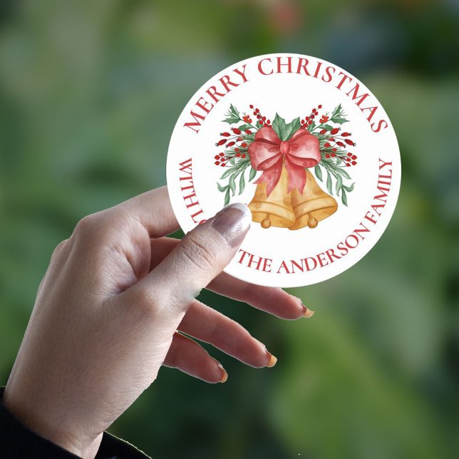 Cute Red Flowers Berries Bell Bow Merry Christmas Classic Round Sticker (Creator Uploaded)