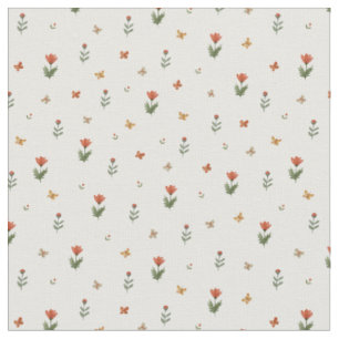 Cute Red flowers & Butterflies Floral Pattern Fabric