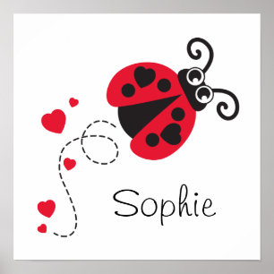 Cute red flying ladybug kids name poster