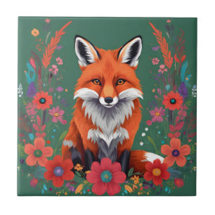 Cute red fox and flowers ceramic tile
