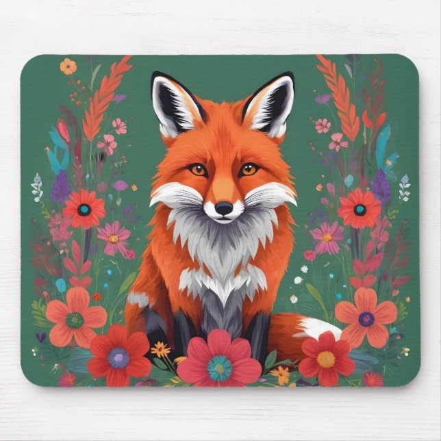 Cute red fox and flowers mouse pad (Front)