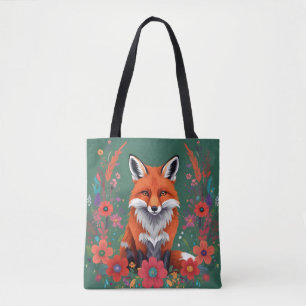 Cute red fox and flowers tote bag