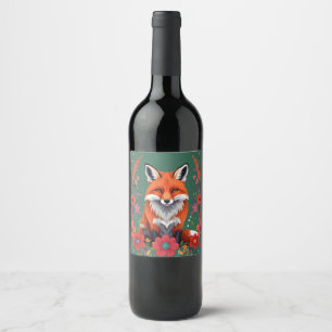 Cute red fox and flowers wine label
