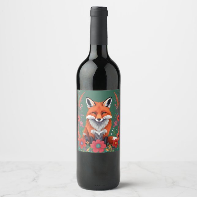 Cute red fox and flowers wine label (Front)
