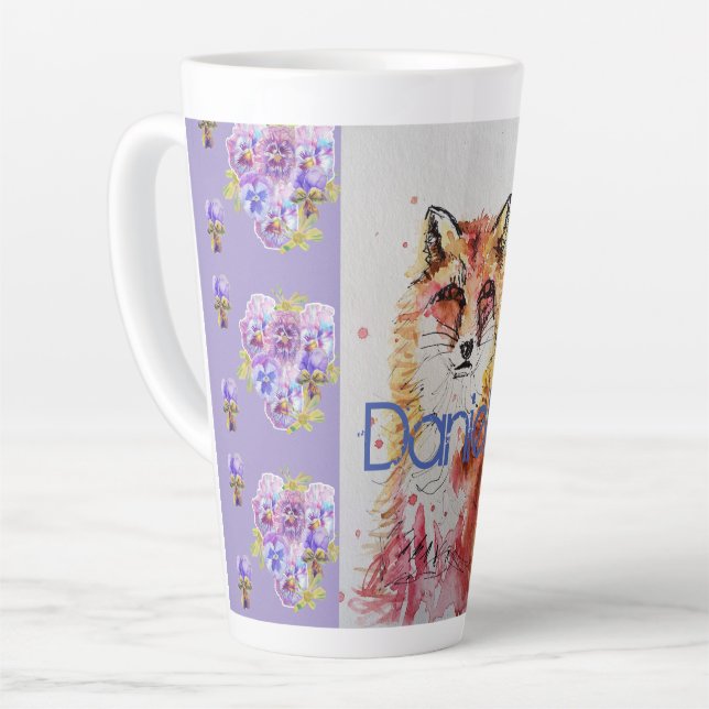 Cute Red Fox Animal Purple Pansies Latte Mug (Left Angle)