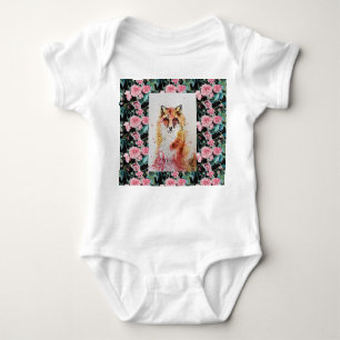 Cute Red Fox Animal Roses Watercolor Baby Suit Baby Bodysuit