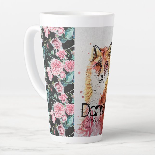 Cute Red Fox Animal Roses Watercolor Latte Mug (Left Angle)