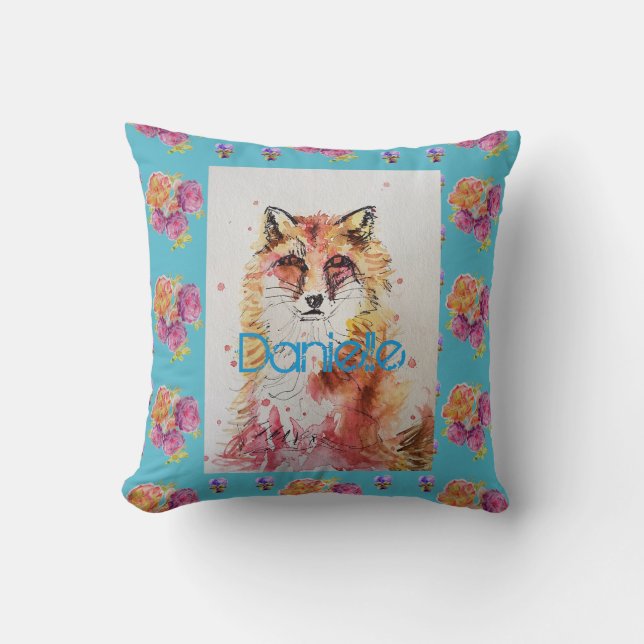 Cute Red Fox Animal Teal Rose Roses Cushion (Front)