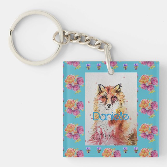 Cute Red Fox Animal Teal Rose Roses Key Ring (Front)