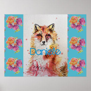 Cute Red Fox Animal Teal Rose Roses Poster