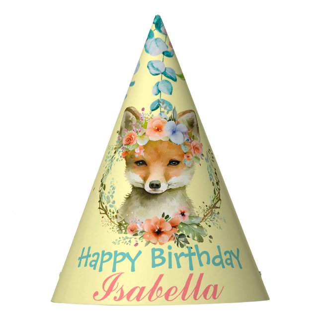 cute red Fox animals jungle Floral Birthday Party Hat (Front)