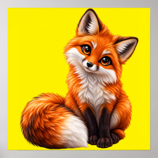 Cute Red Fox Art Poster Yellow Background