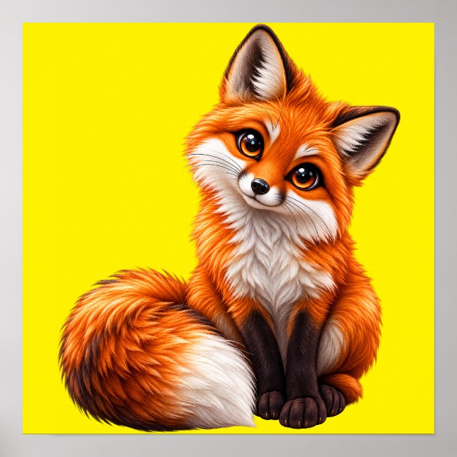 Cute Red Fox Art Poster Yellow Background (Front)