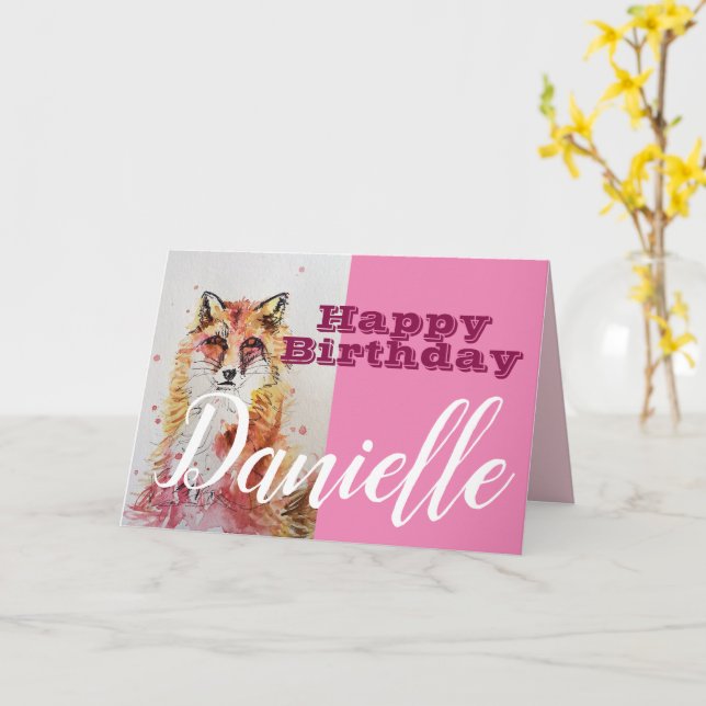 Cute Red Fox Happy Birthday Womans Name Card (Yellow Flower)