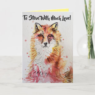 Cute Red Fox Husbands Name Watercolour Card