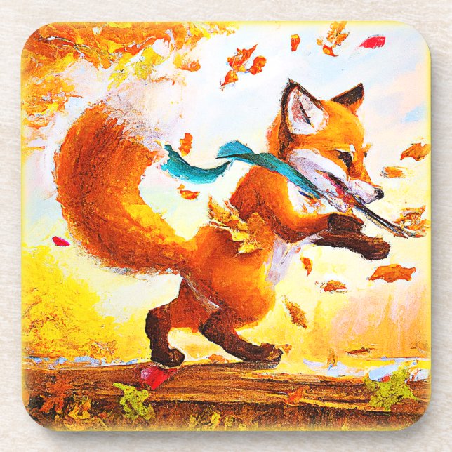 Cute Red Fox in Fall Season Painting. Buy Now Coaster (Front)