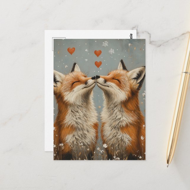 Cute Red Fox in Love Postcard (Front/Back In Situ)