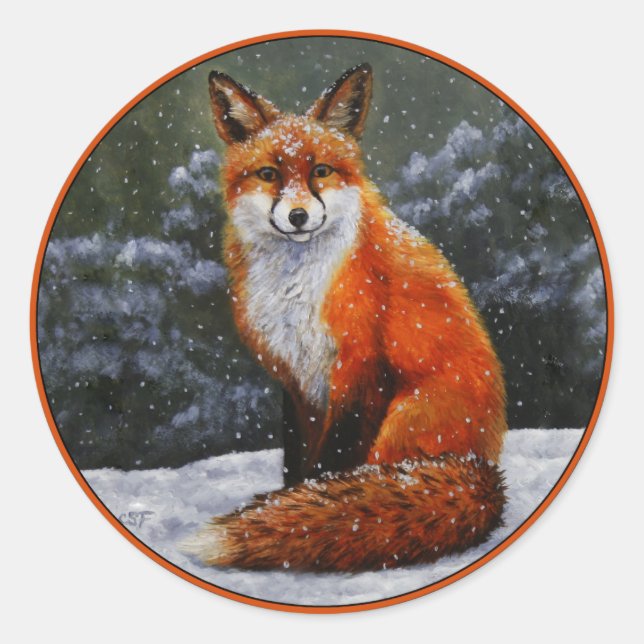 Cute Red Fox in Winter Snow Classic Round Sticker (Front)