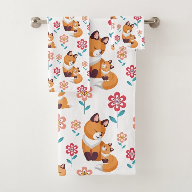 Cute red fox mother with baby Mother's day Bath Towel Set (Insitu)