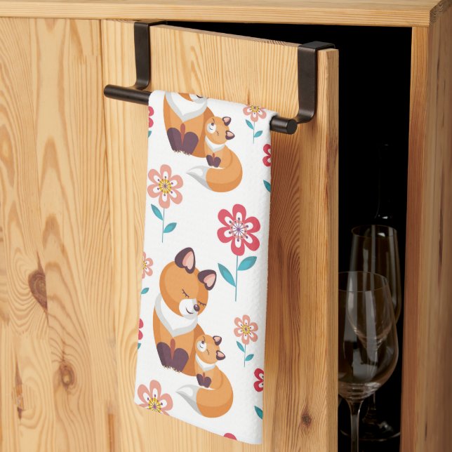 Cute red fox mother with baby Mother's day Tea Towel (Thirds Fold)