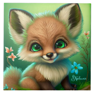 Cute Red Fox Orange Blue Flower Green Ceramic Tile