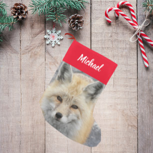 Cute Red Fox Photo with Name Small Christmas Stocking
