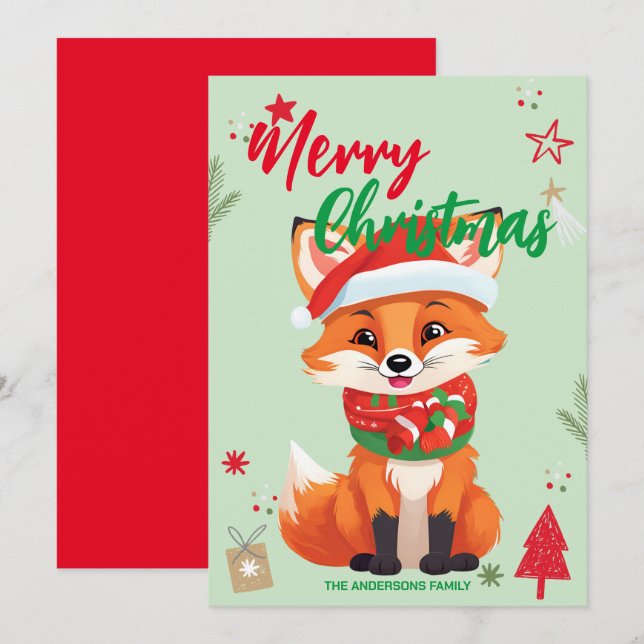 Cute red fox santa Christmas Holiday Family name Card (Front/Back)
