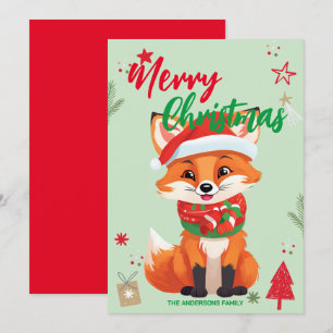 Cute red fox santa Christmas Holiday Family name Card