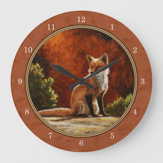 Cute Red Fox Sitting In The Sun Large Clock (Front)