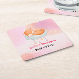 Cute red fox star balloon baby shower party square paper coaster