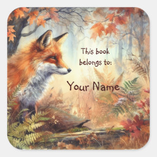 Cute Red Fox, This book belongs Bookplate Square Sticker