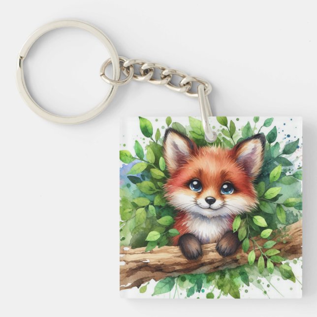 Cute Red Fox Watercolor Key Ring (Front)