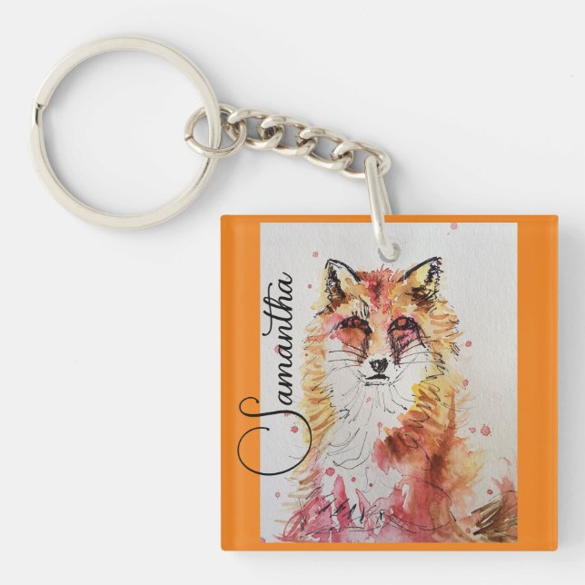 Cute Red Fox Watercolor Painting Mug Orange Key Ring (Front)
