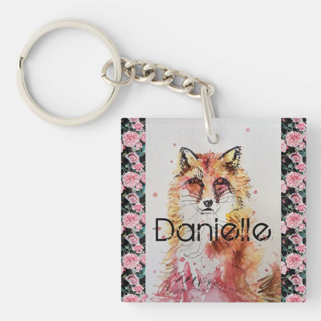 Cute Red Fox Watercolor Pink Rose Girls Ladies Key Ring (Front)