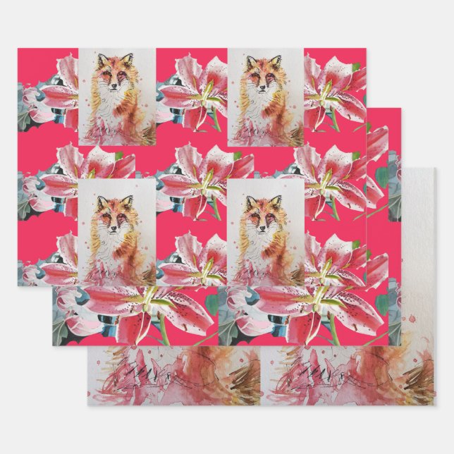 Cute Red Fox Watercolour Red Lily Floral Art Wrapping Paper Sheet (Set)
