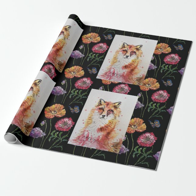 Cute Red Fox Watercolour Woodland Animal Art Wrapping Paper (Unrolled)