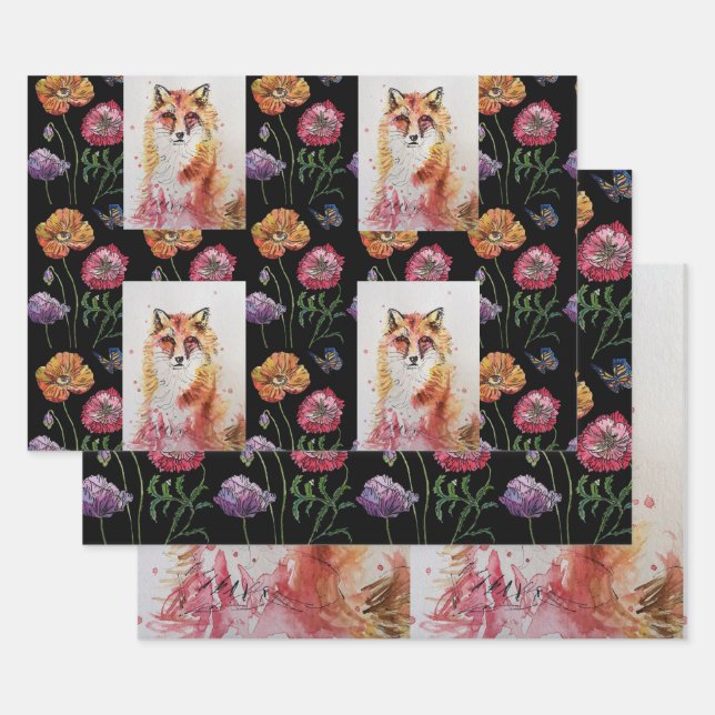Cute Red Fox Watercolour Woodland Animal Art Wrapping Paper Sheet (Set)