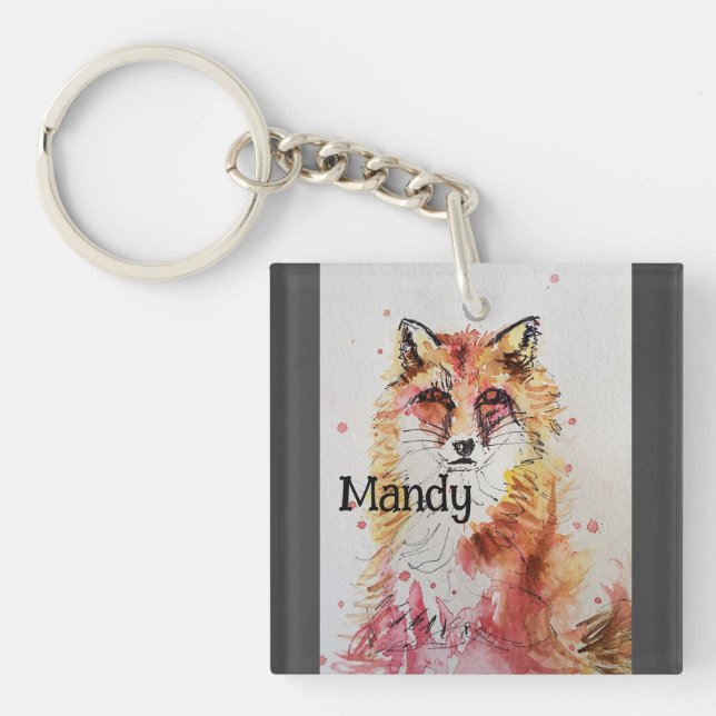 Cute Red Fox Whimsical Watercolor Girls  Key Ring (Front)