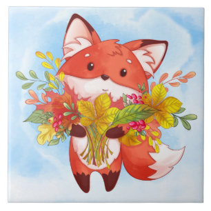 Cute Red Fox with Fall Leaves Ceramic Tile