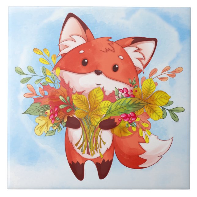 Cute Red Fox with Fall Leaves Ceramic Tile (Front)