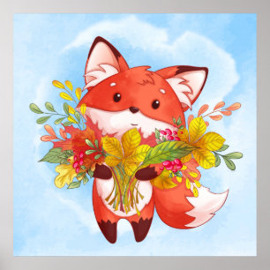 Cute Red Fox with Fall Leaves Poster
