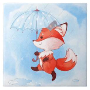Cute Red Fox with Umbrella Ceramic Tile