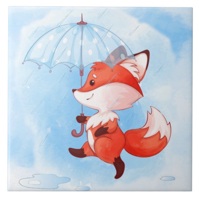 Cute Red Fox with Umbrella Ceramic Tile (Front)