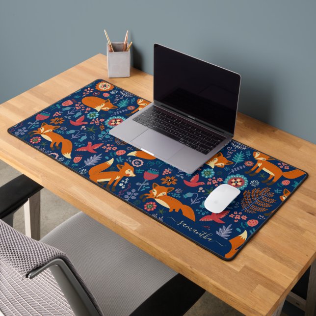 Cute red foxes and retro flowers pattern desk mat (Office 2)