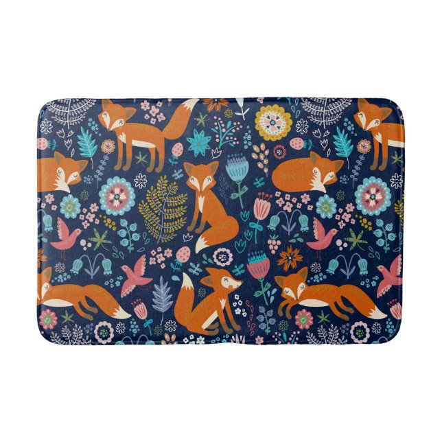 Cute Red Foxes & Colourful Flowers Bath Mat (Front)