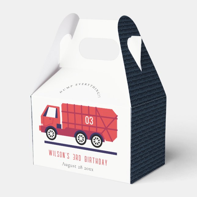 Cute Red Garbage Truck Kids Any Age Birthday Favour Box (Front Side)