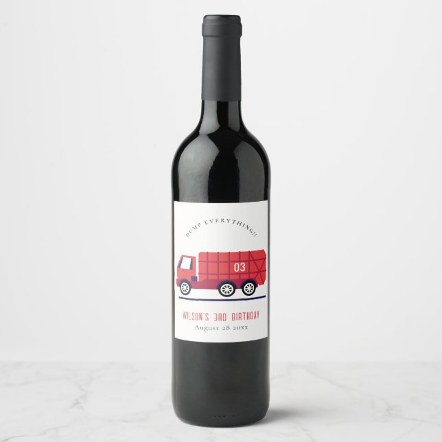 Cute Red Garbage Truck Kids Any Age Birthday Wine Label (Front)