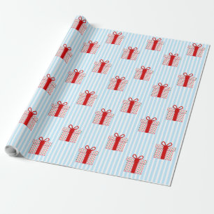 Cute Red Gift Boxes Light Blue Stripe Christmas Wrapping Paper