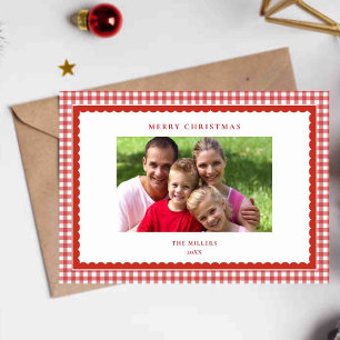 Cute red gingham Christmas Photo greetings card